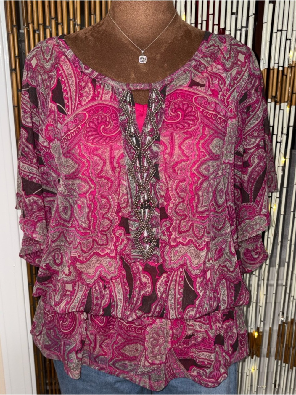 INC Pink Paisley Mesh Nylon 2PC Blouse & Cami Set